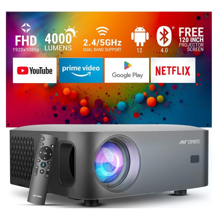 Ant Esports View 611 Smart LED Projector | 1080P Native & 4K Support, 4000 Lumens, WiFi & BT, Android 12, Remote, Upto 120", Built-in OTT (Netflix, Prime Video) Speaker 5W, Included 120" Screen